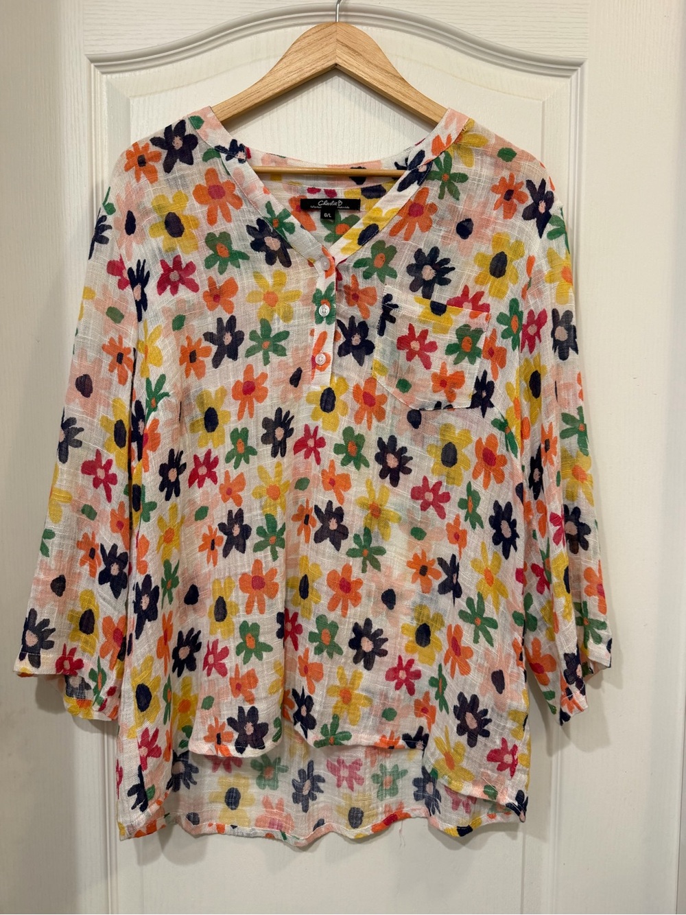 Charlie B Floral Cotton Gauze Henley Tunic Top Large Roll-Tab Boho